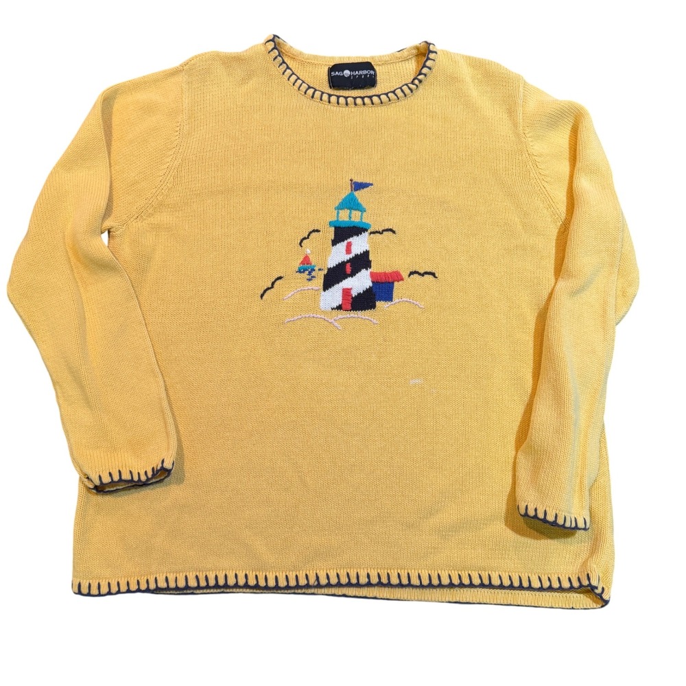 Sag Harbor Sport Sweater Yellow Lighthouse Embroidered Knit Nautical